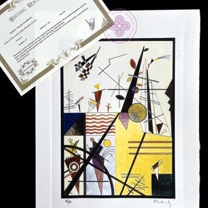 May include: A colorful abstract painting with geometric shapes and lines in black, yellow, red, blue, and white. The painting is signed "Kandinsky" in the lower right corner.