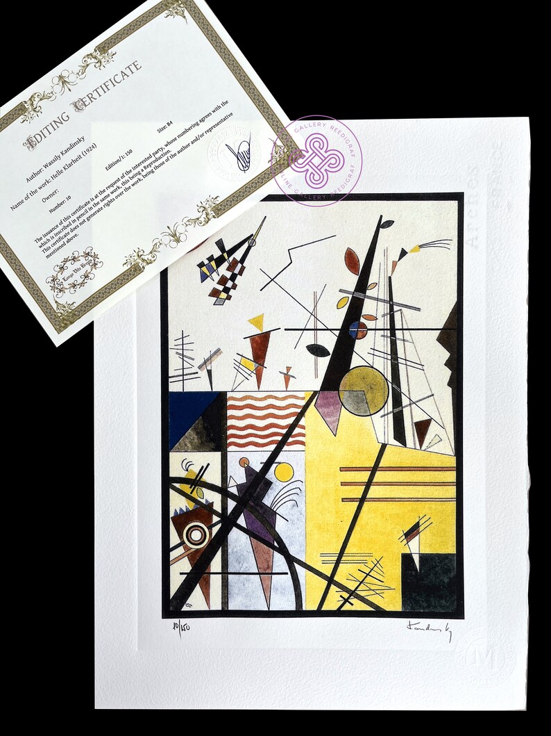 May include: A colorful abstract painting with geometric shapes and lines in black, yellow, red, blue, and white. The painting is signed "Kandinsky" in the lower right corner.
