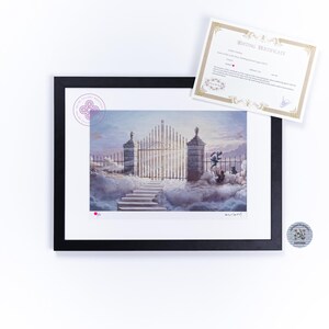 May include: A framed art print depicting a golden gate set in clouds with stone pillars and a staircase, accompanied by an editing certificate. The print features a small figure climbing the gate and includes a circular logo and signature.