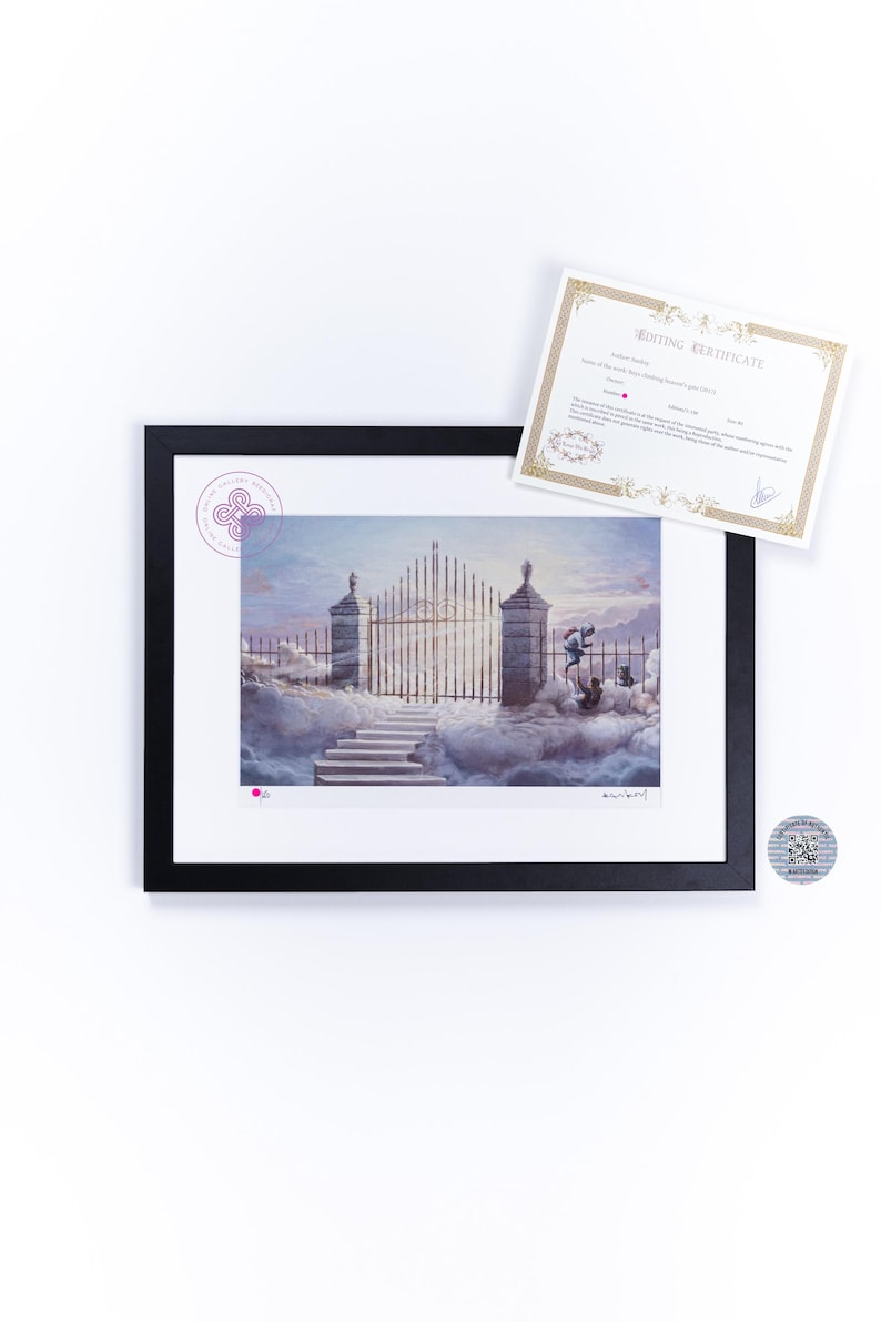 May include: A framed art print depicting a golden gate set in clouds with stone pillars and a staircase, accompanied by an editing certificate. The print features a small figure climbing the gate and includes a circular logo and signature.