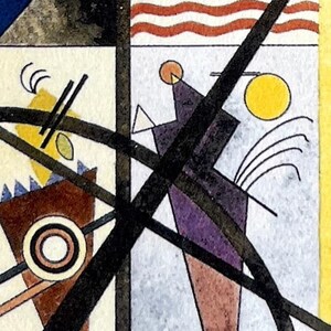 May include: Abstract geometric painting with black lines, a purple triangle, a yellow circle, and red and white stripes. The painting is on a white background.