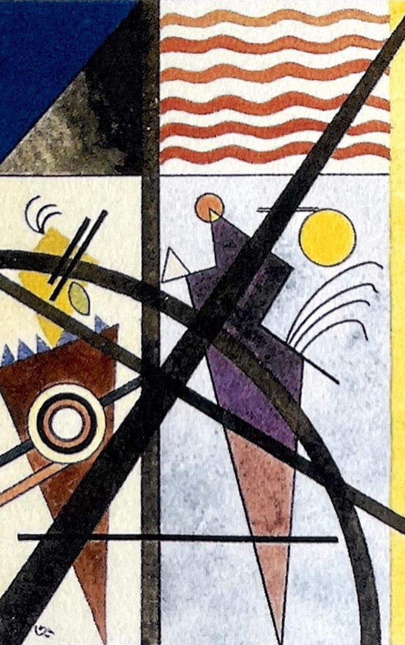 May include: Abstract geometric painting with black lines, a purple triangle, a yellow circle, and red and white stripes. The painting is on a white background.