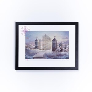 May include: A framed art print featuring a surreal landscape with a stone staircase leading to a tall, ornate metal gate set amidst clouds. The scene is rendered in soft pastel tones of blue, pink, and white, with a black frame and white matting.