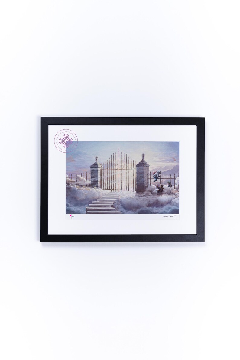 May include: A framed art print featuring a surreal landscape with a stone staircase leading to a tall, ornate metal gate set amidst clouds. The scene is rendered in soft pastel tones of blue, pink, and white, with a black frame and white matting.
