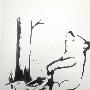 May include: A black ink illustration on white paper depicting a bear sitting next to a tree. The bear is looking upward, and a small pot with a dollar sign symbol is lying on its side near the base of the tree, accompanied by tiny red dots.
