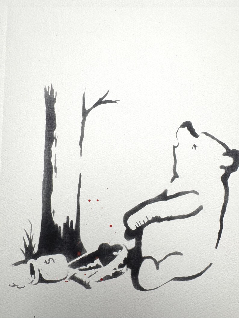May include: A black ink illustration on white paper depicting a bear sitting next to a tree. The bear is looking upward, and a small pot with a dollar sign symbol is lying on its side near the base of the tree, accompanied by tiny red dots.