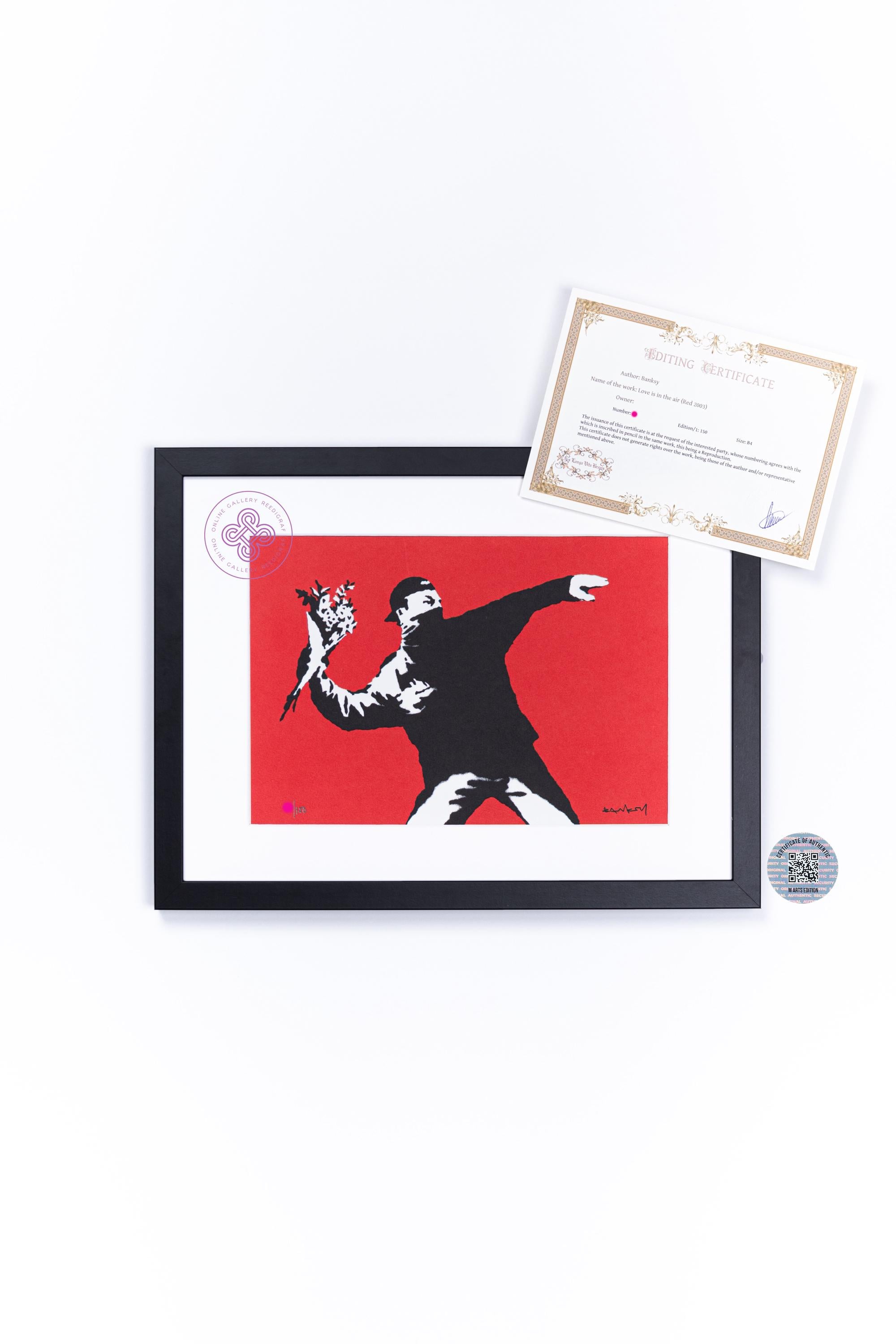 BANKSY flower thrower Silkscreen banksy love is in the air bansky flower thrower FRAMED signed CERTIFICATE Original M Arts Edition 150