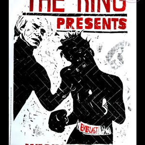 May include: A black and white poster with red text that reads "THE RING PRESENTS WARHOL * BASQUIAT". The poster features a silhouette of two boxers in a fighting stance. One boxer is wearing an "EVERLAST" boxing belt.