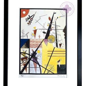 May include: Abstract geometric art print in black, white, red, yellow, blue, and green. The print features a variety of shapes and lines, including circles, squares, triangles, and rectangles. The print is signed "Kandinsky" in the bottom right corner and numbered "21/100" in the bottom left corner.