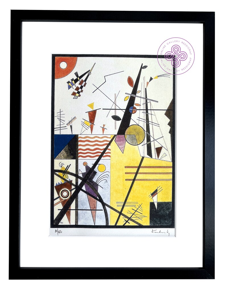 May include: Abstract geometric art print in black, white, red, yellow, blue, and green. The print features a variety of shapes and lines, including circles, squares, triangles, and rectangles. The print is signed "Kandinsky" in the bottom right corner and numbered "21/100" in the bottom left corner.