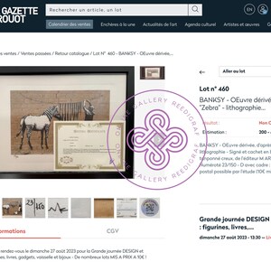 May include: A framed lithograph print titled Zebra by Banksy, featuring a zebra standing near a clothesline, accompanied by a certificate of authenticity. The artwork is presented in a black frame with a white mat, numbered 23/150 in the corner.
