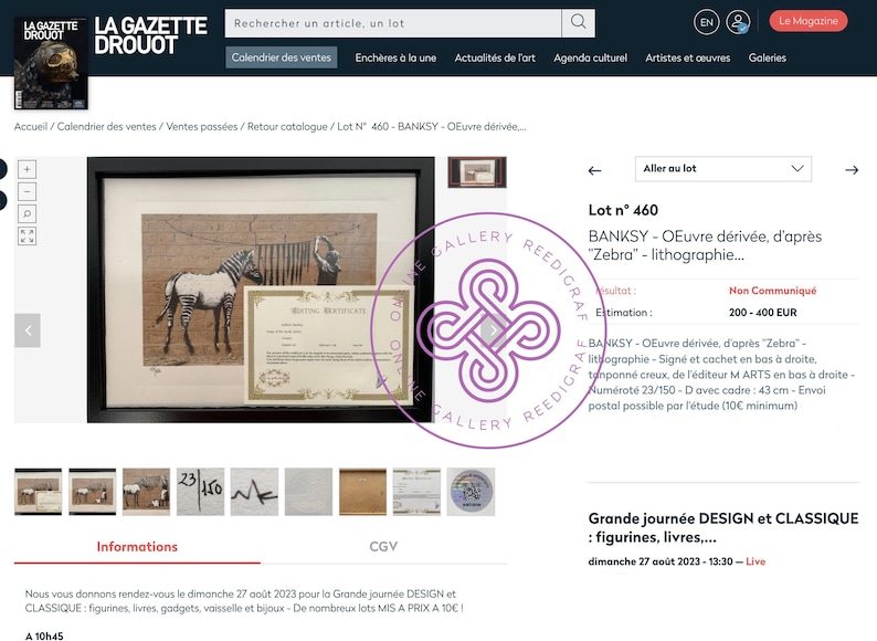 May include: A framed lithograph print titled Zebra by Banksy, featuring a zebra standing near a clothesline, accompanied by a certificate of authenticity. The artwork is presented in a black frame with a white mat, numbered 23/150 in the corner.
