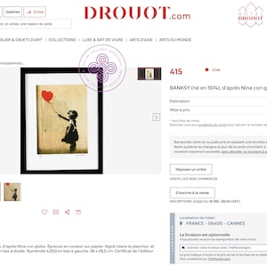 May include: A framed print of a girl holding a red balloon. The print is titled "BANKSY (n&eacute; en 1974), d'apr&egrave;s Nina con globo. &Eacute;preuve en couleur sur papier." The print is signed and numbered. The print is 38 x 28.5 cm.