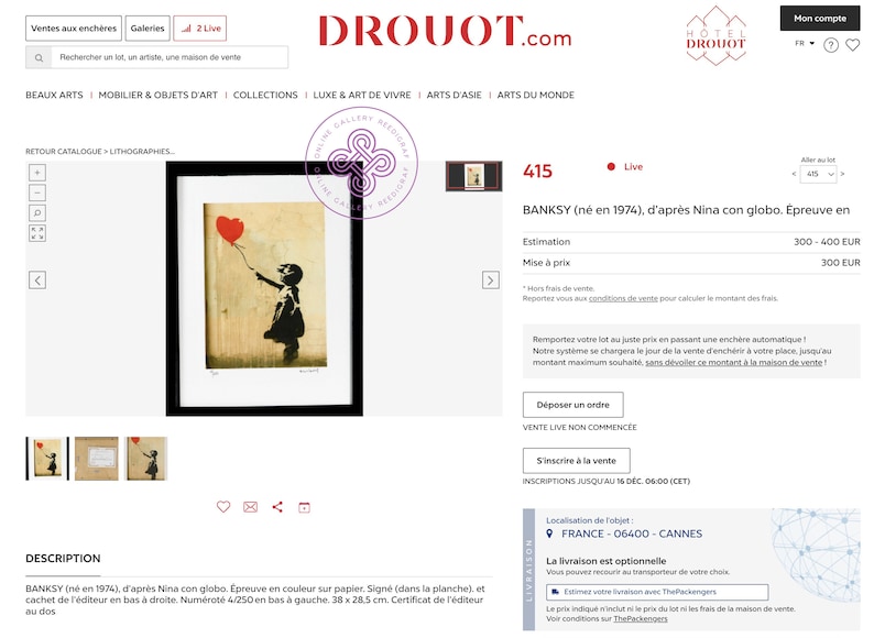 May include: A framed print of a girl holding a red balloon. The print is titled "BANKSY (n&eacute; en 1974), d'apr&egrave;s Nina con globo. &Eacute;preuve en couleur sur papier." The print is signed and numbered. The print is 38 x 28.5 cm.