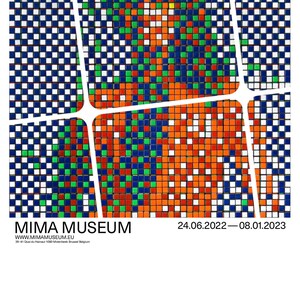 May include: A colourful abstract artwork made of small squares in red, orange, green, blue and white. The artwork is titled "INVADER RUBIKCUBIST" and is an exhibition at the MIMA Museum in Brussels, Belgium. The exhibition runs from 24 June 2022 to 8 January 2023.