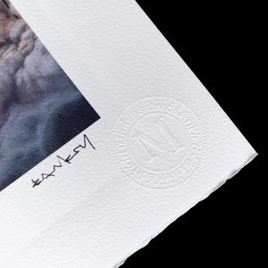 May include: A white paper art print featuring a dark, textured illustration in the corner. The print includes a black handwritten signature and a circular embossed seal that reads "EDITION IMPRESSION CERTIFIEE ARTS" with an "M" in the center.