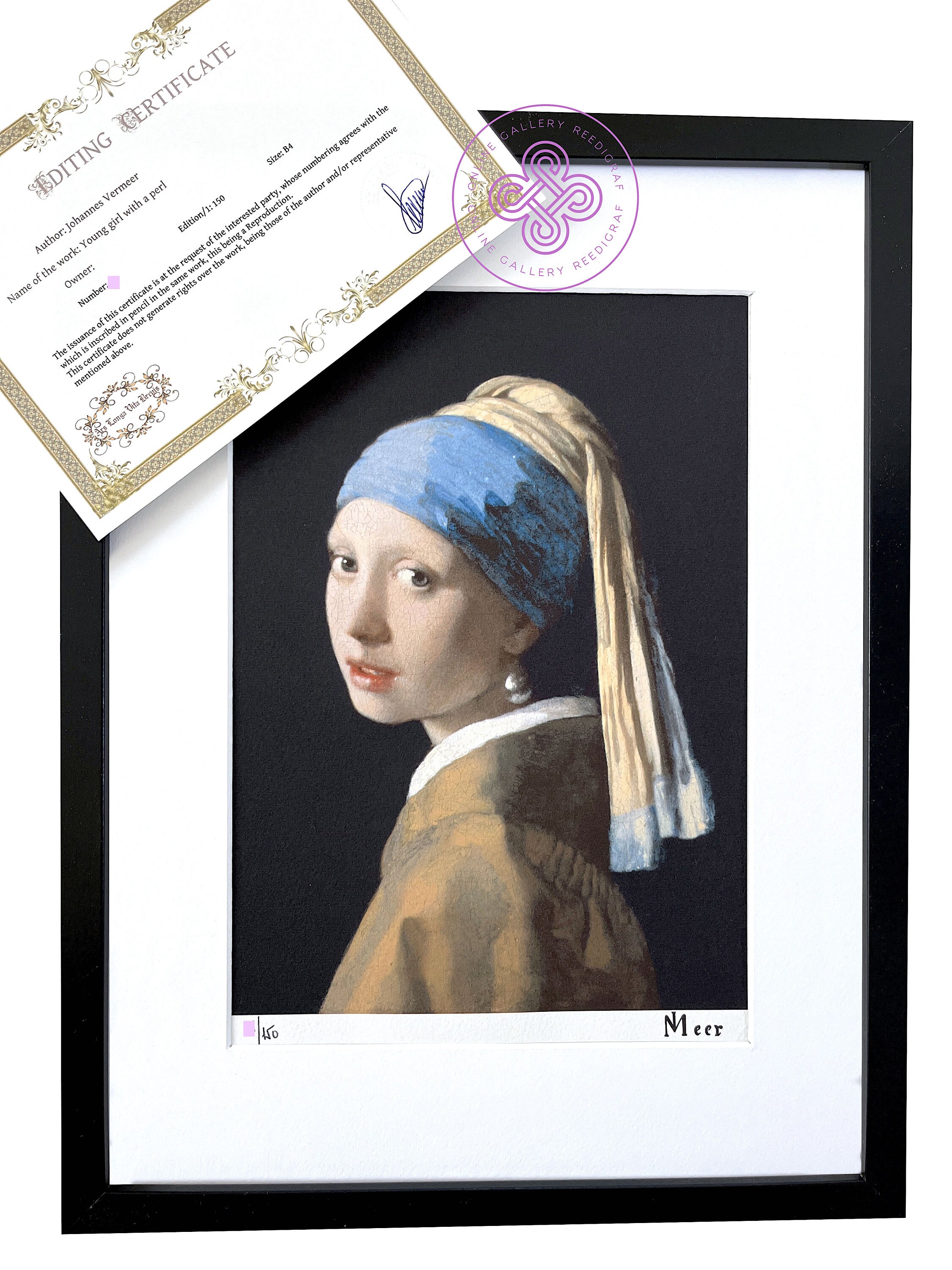 フェルメール サイン入りセリグラフ フレーム付き - 真珠の少女 証明書