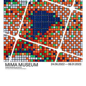 May include: Poster for the MIMA Museum exhibition "Invader Rubikcubist." The artwork is a mosaic of Rubik's Cubes in various colours, overlaid with white geometric lines. Exhibition dates are displayed.