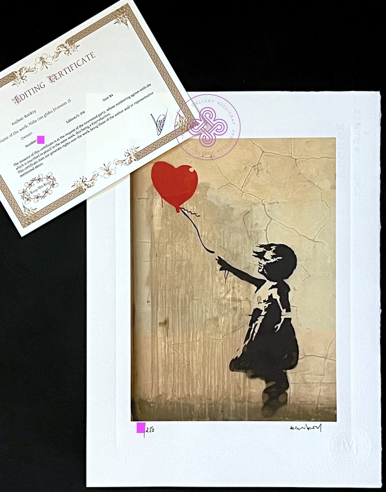 May include: A black and white stencil print of a girl holding a red heart-shaped balloon. The background is a textured, beige wall. The print is signed "Banksy" in the bottom right corner and numbered "250" in the bottom left corner.
