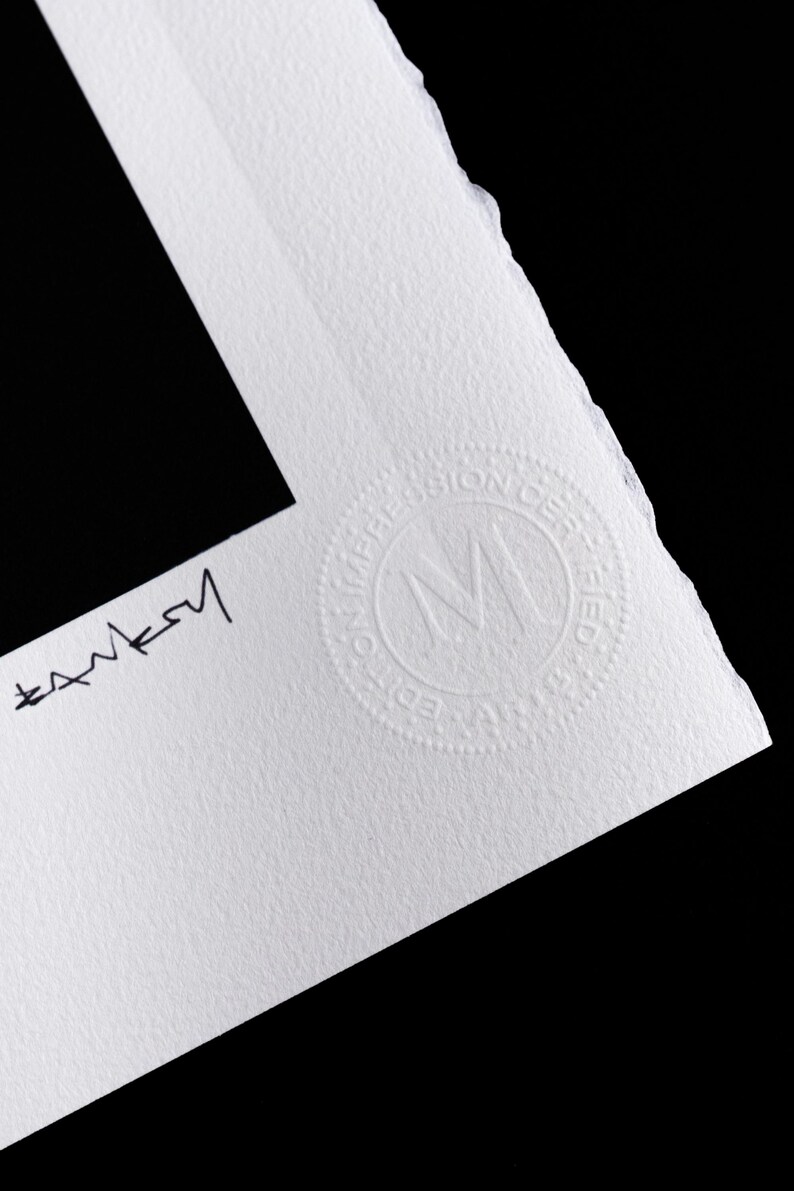 May include: A white textured paper print with a deckled edge featuring a black handwritten signature that reads Banksy. A circular embossed stamp is visible on the paper, containing the letters MD and the text EDITION IMPRESSION CERTIFIED.