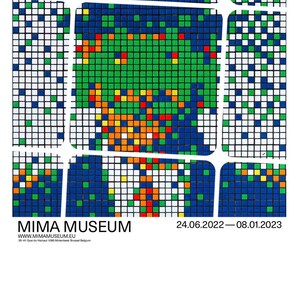 May include: A poster advertising an art exhibition at the MIMA Museum in Brussels, Belgium. The poster features a colourful mosaic of squares in red, orange, yellow, green, blue and white. The text on the poster reads "INVADER RUBIKCUBIST" and "MIMA MUSEUM" with the dates "24.06.2022 - 08.01.2023".