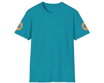May include: A turquoise blue t-shirt with a small orange and blue graphic on each sleeve.