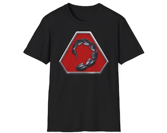 May include: Black t-shirt with a red and silver scorpion logo. The scorpion is curled in a circle and is inside a red hexagon with a silver border.