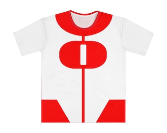 May include: White t-shirt with a red and white design. The design features a large red oval with a white vertical line in the center. The shirt also has red accents on the collar and bottom.