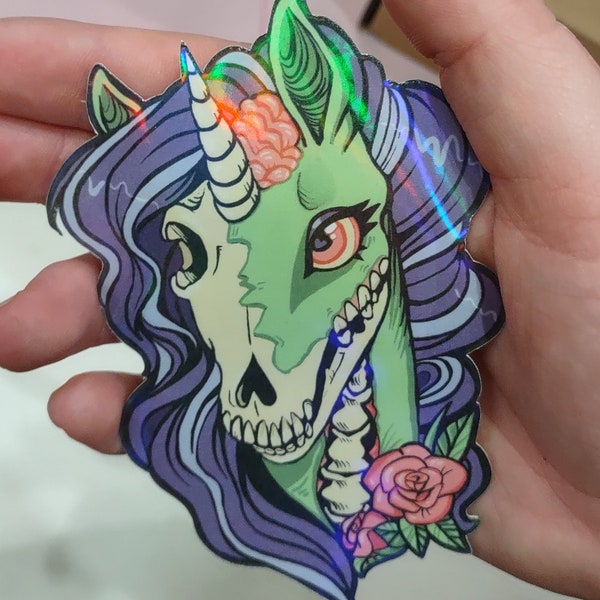 Undead Zombie Unicorn Sticker, Large Fantasy Holographic Rose Tattoo Decal, Sparkly Nerdy Sticky Gift