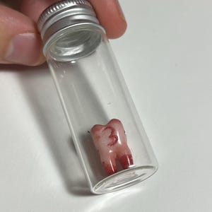 K&ouml;nnte beinhalten: Ein klares Glasfl&auml;schchen mit silbernem Deckel, das einen Zahn enth&auml;lt. Der Zahn ist rosa mit roten Akzenten und die Zahl "3" ist darauf geschrieben. Das Fl&auml;schchen wird von einer Person gehalten.