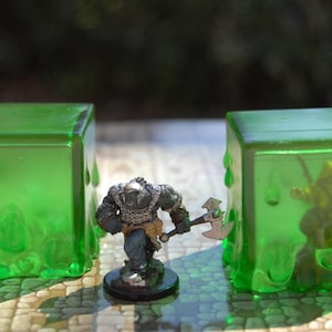 May include: A tabletop scene featuring miniature fantasy figures and two translucent green gelatinous cubes. One cube contains a figure, while another stands between the cubes. The figures are for a tabletop game.