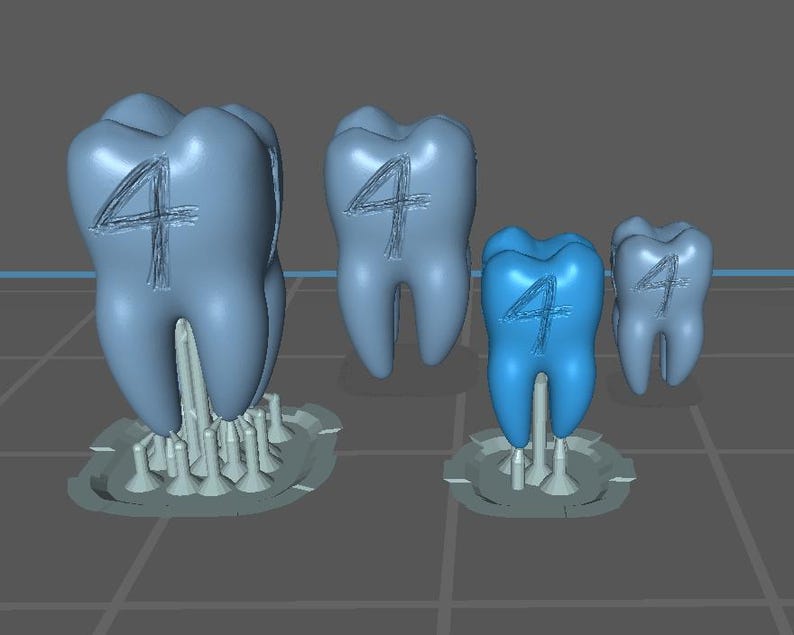 K&ouml;nnte beinhalten: Vier 3D-gedruckte Zahnmodelle in verschiedenen Gr&ouml;&szlig;en und Blaut&ouml;nen. Jeder Zahn tr&auml;gt die Zahl "4". Die Modelle sind an einer Basis befestigt.
