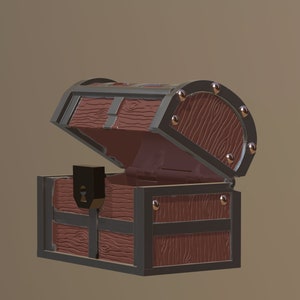 May include: An open wooden treasure chest with a hinged lid, metal accents, and a lock. The chest is made of dark wood with a reddish-brown stain and has a textured wood grain.