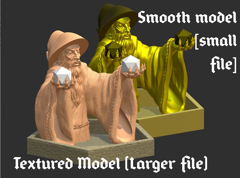 Op de afbeelding: Een 3D-geprint model van een tovenaar die een witte en een zwarte dobbelsteen vasthoudt. De tovenaar draagt een bruine robe en een punthoed. Het model is beschikbaar in twee versies: een glad model en een getextureerd model. Het gladde model is een kleiner bestand, terwijl het getextureerde model een groter bestand is.