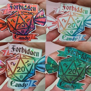 Verbotener Candy Dice Aufkleber, großer holografischer D&D RPG Aufkleber für Dungeons und Dragons, klebriges Geschenk