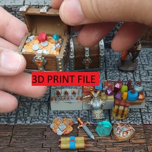 May include: A 3D printed set of miniature treasure chests, coins, gems, a sword, scrolls, and a shield. The chests are open and filled with gold coins and gems. The set is perfect for tabletop role-playing games or miniature gaming.