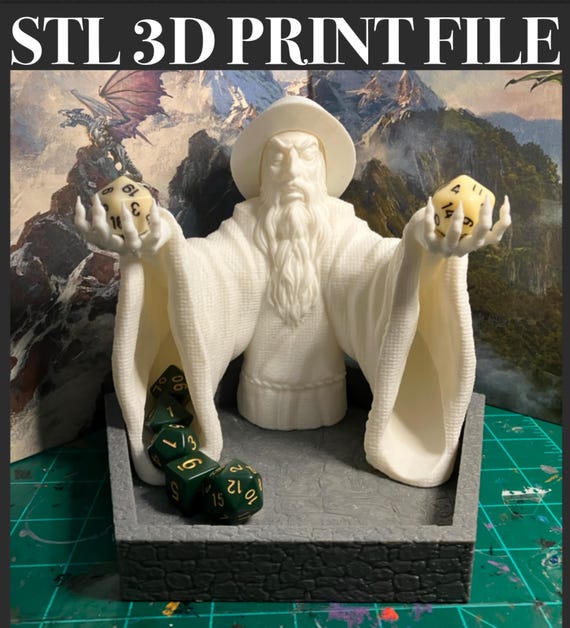 STL File - Wizard Dice Tower with Removable Hat - Roll D20 die in His Head & Out His Sleeves! Perfect nerdy gift tabletop accessory for DnD