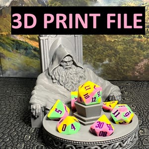 STL File- Wizard Pondering Orb Dice Holder - Pensive old wizard stares intensely at your ttrpg math polyhedrals for Dungeons & Dragons