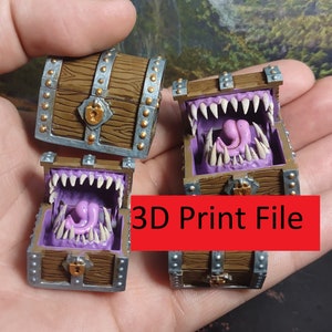 Hinged Mimic STL- Presupported 3D Print file of chest that opens to reveal mimic monster, downloadable file to 3D print a working mimic mini