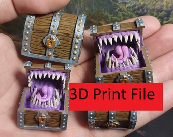 Hinged Mimic STL- Presupported 3D Print file of chest that opens to reveal mimic monster, downloadable file to 3D print a working mimic mini