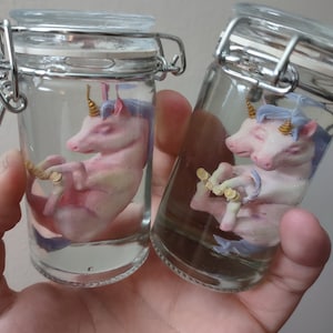 Può includere: Due piccole figurine di unicorno rosa con corna dorate e criniere blu sono conservate in barattoli di vetro trasparente con coperchi argentati. I barattoli sono tenuti nella mano di una persona.