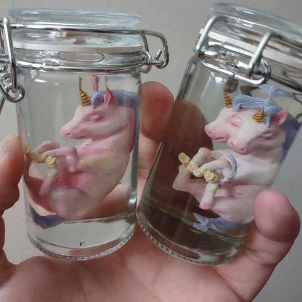 Baby Unicorn Specimen, Ethically Sourced Two-Headed Unicorn Fetus faux taxidermy in jar of faux preservative