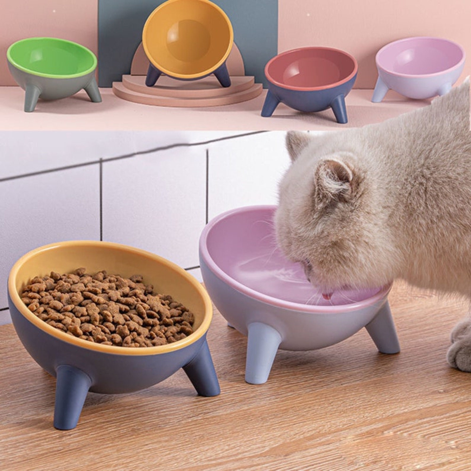 CEEFU 2 Extra Wide Raised Cat Food Bowl, Elevated Anti-Vomiting Cat Feeder  Whisker Stress-Free Dog Two Bowls Ceramic Cat Feeding Bowls White