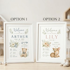 Personalized Baby Birth Stats Print, Woodland Nursery Art (Digital Download)