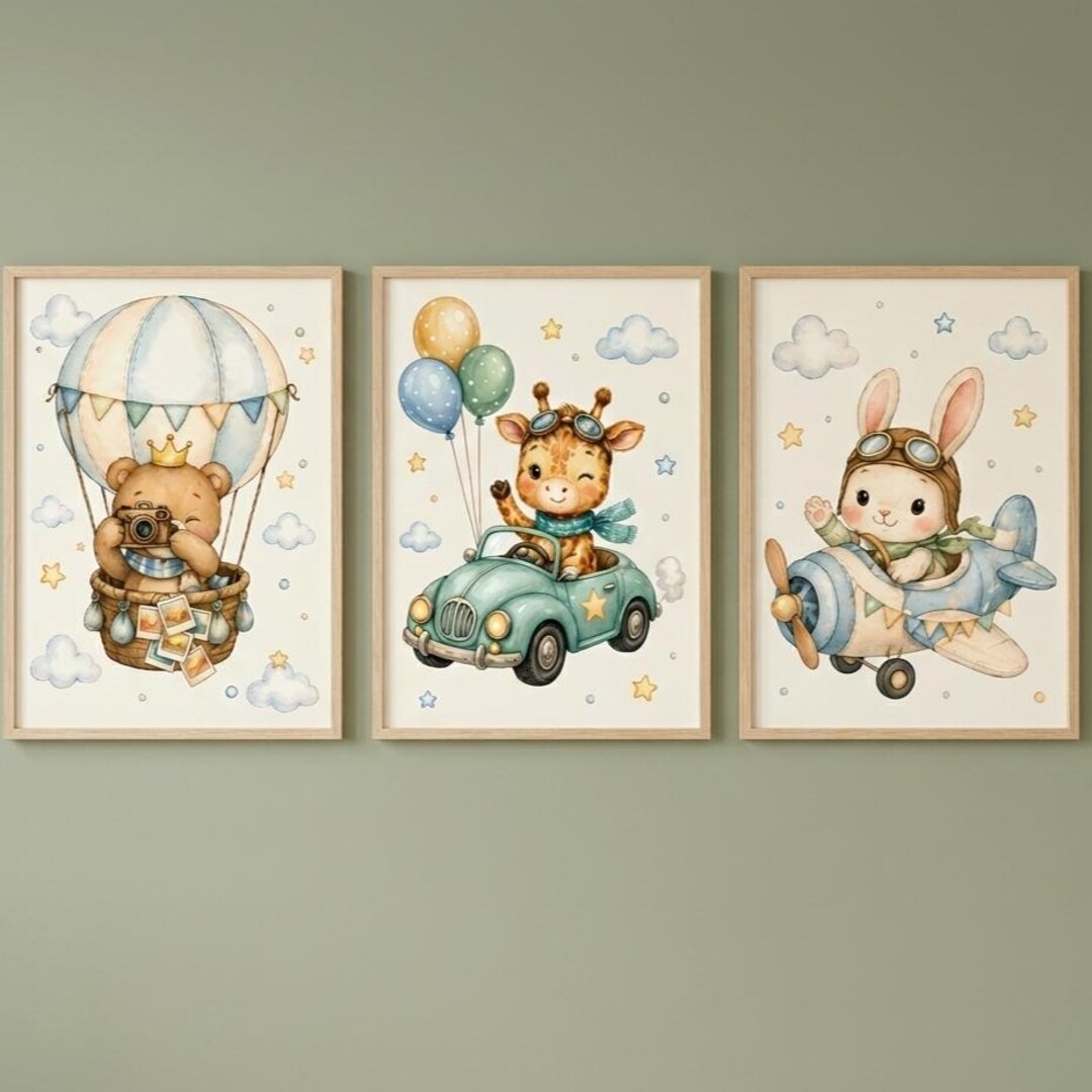 Nursery Wall Art Set of 3, Teddy Bear Giraffe Bunny Prints, Baby Boy ...