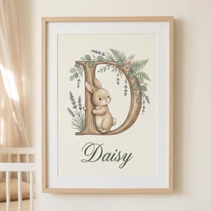 Personalized Bunny Letter Print, Woodland Nursery Wall Art, Botanical Alphabet Decor (Digital Download)