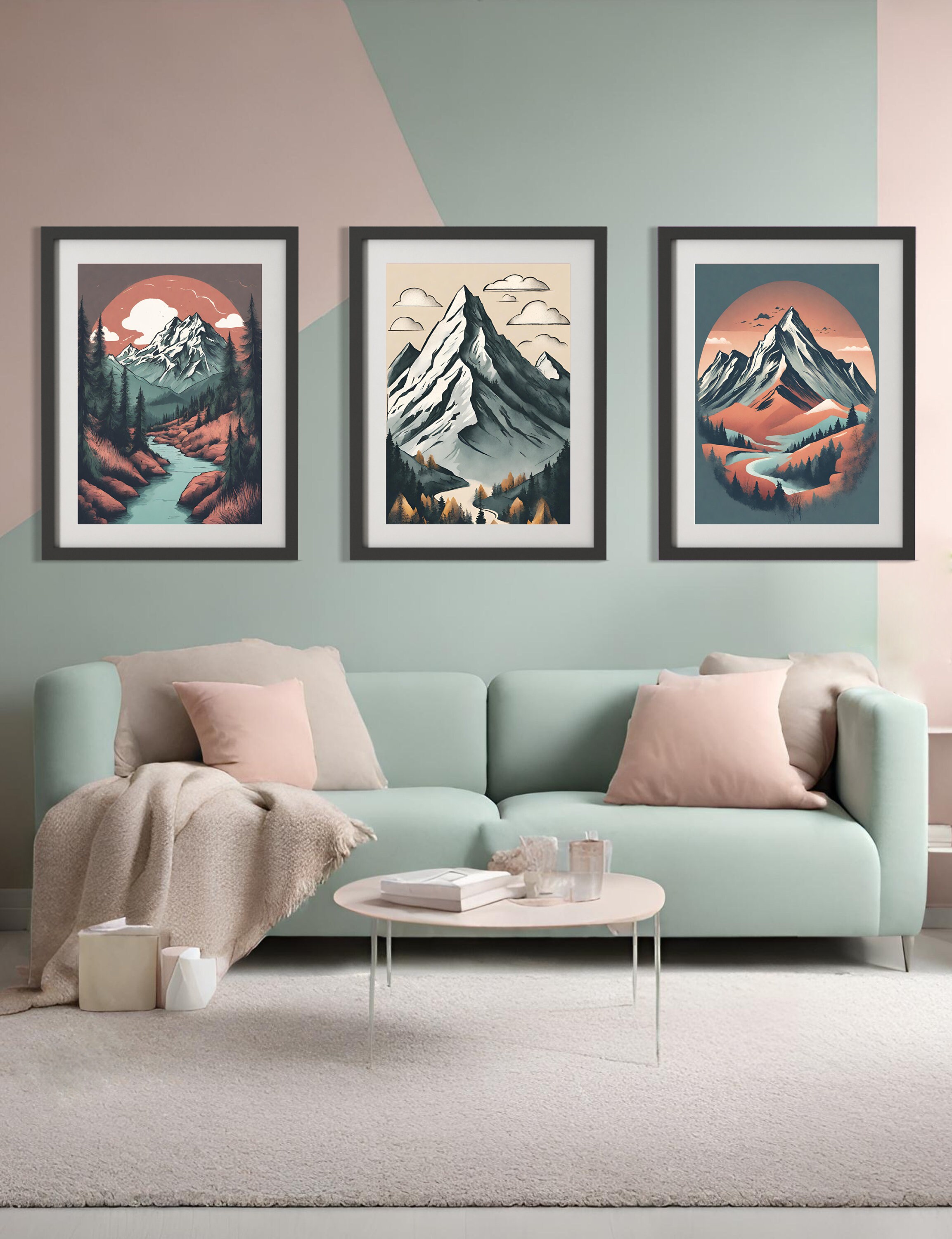 Abstract Mountain Lake Trees Print Set of 3, Landscape Gallery Wall Set