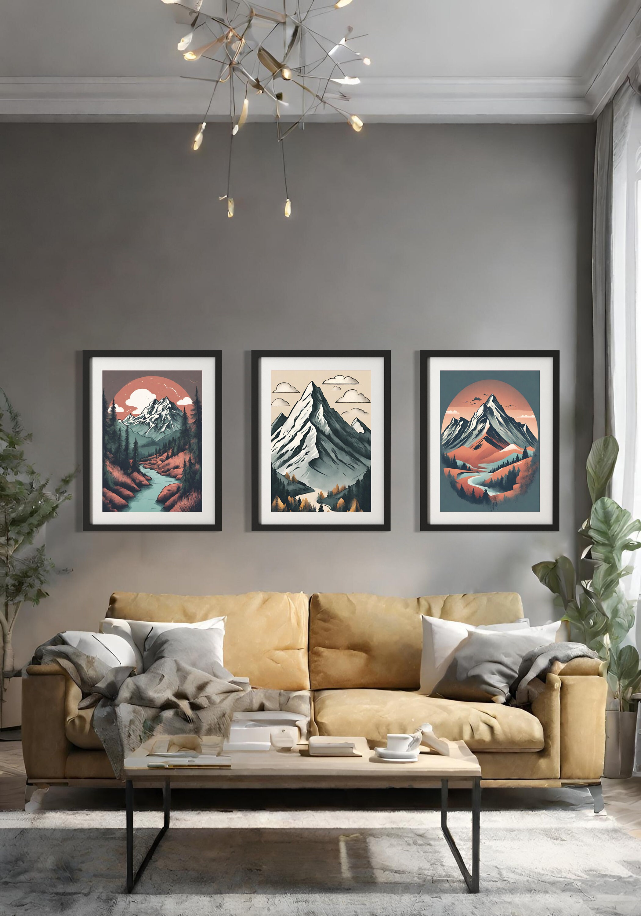 Abstract Mountain Lake Trees Print Set of 3, Landscape Gallery Wall Set