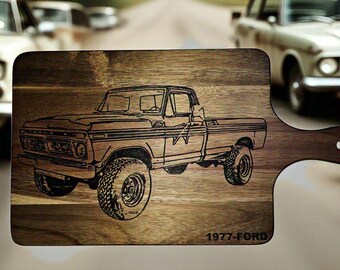 Acacia Wood Cutting Board: Laser Engraved 1977 Ford Truck Design