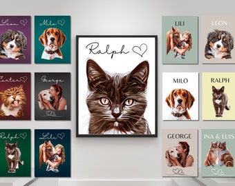 Puede incluir: Un collage de retratos de mascotas personalizados con nombres y corazones. Los retratos muestran perros, gatos y un caballo. Los retratos son de varios colores y estilos.